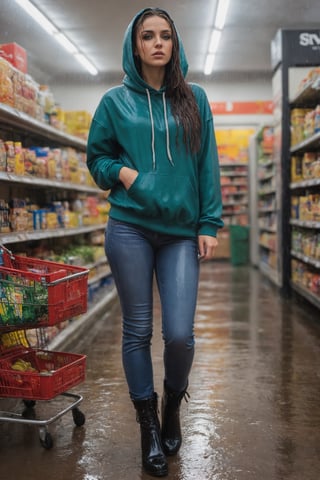 Raw photography, candid, Wet girl, full body shot, highwaistedskinnyjeans, oversized hoodie, boots, wet hair, hourglass figure, beautiful face, big lashes, cleopatra makeup, completly soaked wet, full body shot, downpour, supermarket, in the pouring rain, perfect hands,dagtime,detailmaster2,photo r3al,soakingwetclothes