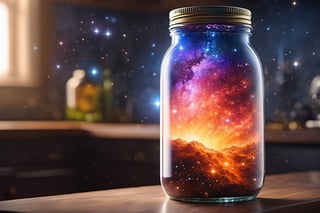 Highly detailed RAW color Photo, top Angle, a nebula in a mason jar, vivid detail, (nebula), (sci-fi), Mason Jar sitting on kitchen counter (highly detailed, hyperdetailed, intricate), particle effects, raytracing, cinematic lighting, shallow depth of field, photographed on a Sony a9 II, 35mm wide angle lens, sharp focus, cinematic film still, dynamic angle