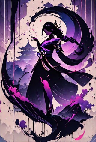 silhouette of a raiden shogun from genshin impact, ink brushstrokes in background, looking at viewer, dancing pose, red and purple ink, ink rain, stunning image, ink smoke, digital art, professional style, ((masterpiece quality: 2)), ink droplets, attractive image.,INK,Ink art