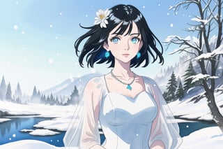 1 beautiful woman, statement diamond necklace, masterpiece, wearing melted chrome dress, black_way_hair,  8k, watercolor, instagram filter, near vibrant waterfall, dimond earrings, ethereal vibe, blue sky, technical_human_face, Detailed_shiny_hair, flowers, Wide-hips, technical_photorealistic_eyes, Technical_hands, Snow_White, long_flowy_white_dress, snowy forest background, showing whole figure, a pet honey badger by her side