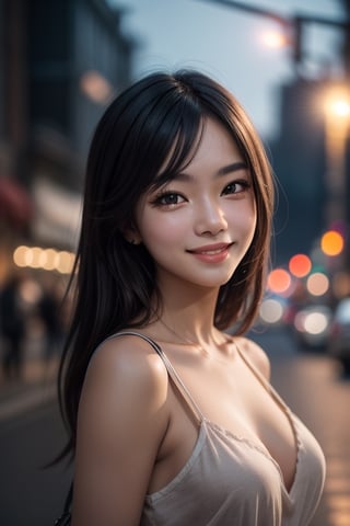 (Masterpiece, best quality, RAW photo, detail skin, 8k),1girl, bust shot, looking at viewer, smile, trendy hair,  (blurry background, street lights, bokeh, night street view), smooth overall tone