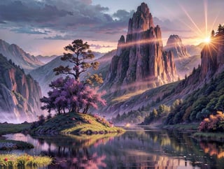 distant mountain tops, depth_of_field, wide angle, (the sky: cloudy with dark and gray clouds, a few dark purple sun beams),  rain forest vegitation and low shrubs, dyndall effect, ( foreground: peaceful lake, reflections, open plane with wild flowers at the most forefont ), (small waterfalls, mists,  background), overall misty tone