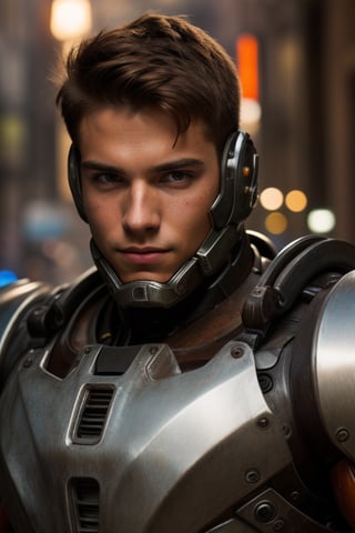 Portrait photo of muscular young guy in a worn mech suit, well groomed, ((light bokeh)), intricate, (steel metal [rust]), elegant, sharp focus, soft lighting, vibrant colors, (masterpiece), ((streets)), (detailed face)+, eye iris