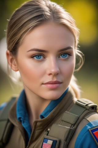 (photorealistic), best quality, realistic, half body portrait, frontal view, intricate details, depth of field, female solider,(magazin pouches), highly-detailed, perfect face, blue eyes, Fujifilm XT3, outdoors, bright day, Beautiful lighting, RAW photo, 8k uhd, film grain, ((bokeh))