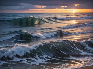 sunset,dark clouds with brim light,ocean, beach, waves with white foaming, Masterpiece sky, universe angle, (brighteyes:1.1)