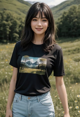 1girl, fair complextion, delicate facial features, look at camera, smile,  half body,  Medium-black Length hair, open hair, t-shirt, daisy, HDR, 8k, photorealistic,  dukes, (slowy mountain tops, trees, wild flowers, blurred the background ), (masterpiece), bokeh effect, cinematic lighting,   bokeh effect,