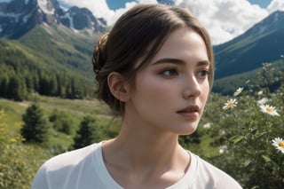 1girl, fair complextion, delicate facial features, white t-shirt, daisy, HDR, 8k, photorealistic,  dukes,  trending hairstyle, (mountains, trees, shrubs, clouds in the background ), (masterpiece), bokeh effect, cinematic lighting, 