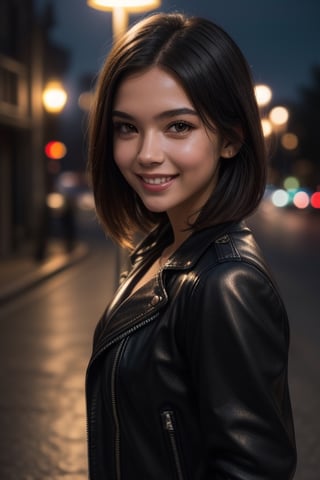 (Masterpiece, best quality, RAW photo, detail skin, 8k),1girl, bust shot, leather jacket, looking at viewer, smile, trendy hair,  (blurry background, street lights, bokeh, night street view), cinematic lighting,high_school_girl