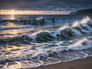 sunset,dark clouds with brim light,ocean, beach, waves with white foaming, Masterpiece sky, universe angle, (brighteyes:1.1)