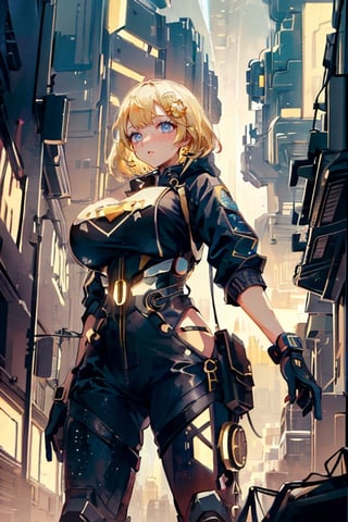  masterpiece, beautiful scene, 1girl, blonde, techwear fashion, gigantic breasts,luxtech, sci-fi, luxorious,gold, cyberpunk,scifi,melia watson, monocle, hair ornament