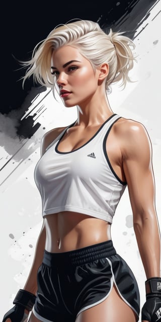 (masterpiece, high quality, 8K, high_res:1.3), splash art style, (straight view, from below:1.3),woman in the gym,beautiful, attractive, short platinum blonde hair, slicked back hair with a strand falling out, ((provacatively draped white t-shirt)), sport breeches, boxing shoes, sport drama embience, inspiring and elegant, dark black soft palette, very detailed, character cover,
(ink lines and watercolor wash),Vector illustration,Illustration,Flat vector art,skpleonardostyle,Leonardo Style,fflixmj6