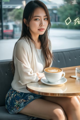 A beautiful young Japanese woman is sitting on the sofa seat of empty cafeteria , at tabel one  cup of hot latte. This woman's skin is quite tanned and covered with sweat,masterpiece,best quality,ultra detailed face,ultra detailed,4k,green eyes,green_eyes,Glow,Face,Neon