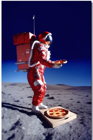 an astronaut holding a pizza, christmas decoration on pizza, ( red astronaut costume),    photo of the mission Apollo :1.2, apollo_style , blue sky , space art , sci-fi , outher space,apollo_style