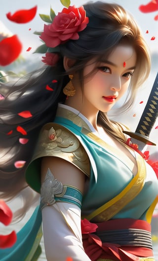 Realistic, (masterpiece), (Best Quality), Photorealism, Realistic, (1girl in), Solo,Thai、Traditional Thai costumes、Fight with the sword、red roses petals flutter in large quantities, ,weapon over shoulder