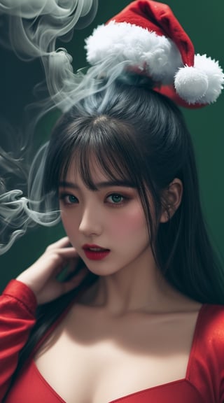 Masterpiece, high resolution, realistic, beautiful picture of a santa girl with red dressed, wear santa hat  , in the style of monochromatic paintings, dark green and dark navy, dark green and dark white, multilayered realism, , anime-inspired, elegant outlines, realistic and highly defined little breasts, white smoke round girl,smoke