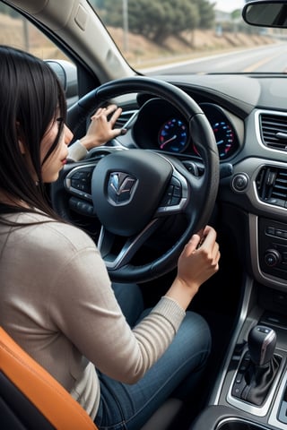 One japanese lady,  sitting in the seat with her hands on the steering wheel, vemos ela de perfil, as if the camera were in the passenger seat, She's driving in countryroad, full body view 