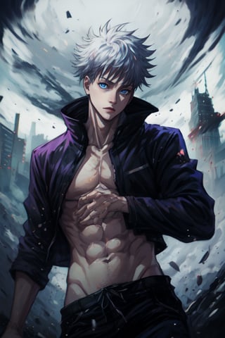 Masterpiece, Solo , 1guy , mature, muscular, Gojo(jujutsu kaisen) , blue vacuum eyes , white hair,  black jujutsu kaisen outfit, fighting pose ,  show abs, dynamic angle , super powers , blue beam , purple beam, glowing purple aura , masterpiece, ultra detailed, anime style, blade runner style , super quality, utopian world, Neo Tokyo ,perfecteyes,SATORU GOJO