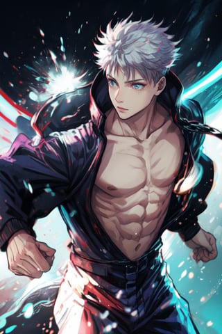 Masterpiece, Solo , 1guy , mature, muscular, Gojo(jujutsu kaisen) , blue vacuum eyes , white hair,  black jujutsu kaisen outfit, fighting pose ,  show abs, dynamic angle , super powers , blue beam , purple beam, glowing purple aura , masterpiece, ultra detailed, anime style, blade runner style , super quality, utopian world, Neo Tokyo ,perfecteyes,SATORU GOJO