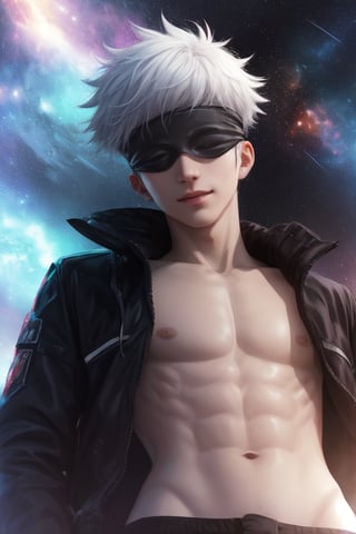 1boy,adult,satoru gojo,black blindfold,black jacket,white hair,looking at viewer,facing viewer,arrogant smile,(smile),show abs, jacket open, particle effect around,space, stars, universe, colorful universe, galaxies,(from below),masterpiece,extremely detailed CG unity 8k wallpaper, best quality,32k,focus sharp, ,starry