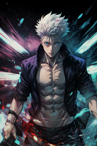 Masterpiece, Solo , 1guy , mature, muscular, Gojo(jujutsu kaisen) , blue vacuum eyes , white hair,  black jujutsu kaisen outfit, fighting pose ,  show abs, dynamic angle , super powers , blue beam , purple beam, glowing purple aura , masterpiece, ultra detailed, anime style, blade runner style , super quality, utopian world, Neo Tokyo ,perfecteyes,SATORU GOJO