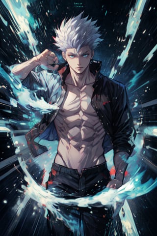 Masterpiece, Solo , 1guy , mature, muscular, Gojo(jujutsu kaisen) , blue vacuum eyes , white hair,  black jujutsu kaisen outfit, fighting pose ,  show abs, dynamic angle , super powers , blue beam , purple beam, glowing purple aura , masterpiece, ultra detailed, anime style, blade runner style , super quality, utopian world, Neo Tokyo ,perfecteyes,SATORU GOJO