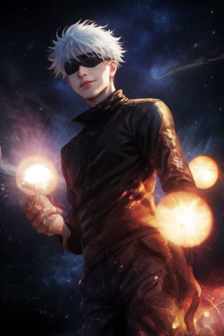 1boy,adult,satoru gojo,black blindfold,black jacket,white hair,looking at viewer,facing viewer,arrogant smile,(smile),show abs, particle effect around,space, stars, universe, colorful universe, galaxies,(from below),masterpiece,extremely detailed CG unity 8k wallpaper, best quality,32k,focus sharp, ,starry