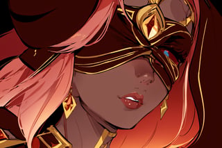 close up , face focus ,upclose ,high quality , masterpiece, flat color, orange ornate, lineart, Babel, 1girl, solo, long hair, large breasts, bare shoulders, pink hair, blindfold,desert sands,1 woman solo, busty figure, desert background, earrings hair_between_eyes jewelry blindfolded, night time, hood, high quality, best quality, 1girl, masterpiece,  ,pantyhose, high heels boots,GEM, detailed face,red theme