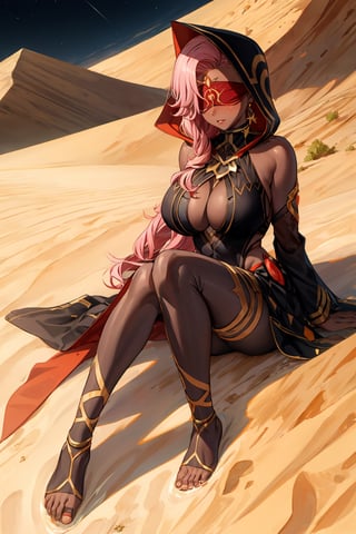 Babel, 1girl, solo, long hair, large breasts, bare shoulders, pink hair,  blindfold,desert sands,1 woman solo, busty figure, desert background, dark-skinned_female, earrings hair_between_eyes jewelry blindfolded, night time, hood, high quality, best quality, 1girl, masterpiece, dark skin, full body, lying, near water , legs_open