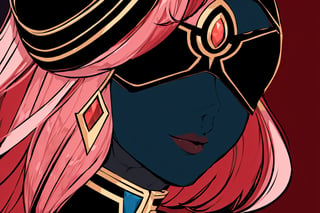 close up , face focus ,upclose ,high quality , masterpiece, flat color, orange ornate, lineart, Babel, 1girl, solo, long hair, large breasts, bare shoulders, pink hair, blindfold,desert sands,1 woman solo, busty figure, desert background, earrings hair_between_eyes jewelry blindfolded, night time, hood, high quality, best quality, 1girl, masterpiece,  ,pantyhose, high heels boots,GEM, detailed face,red theme