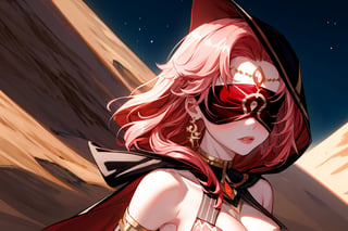 high quality , masterpiece, Babel, 1girl, solo, long hair, large breasts, bare shoulders, pink hair, blindfold,desert sands,1 woman solo, busty figure, desert background, earrings hair_between_eyes jewelry blindfolded, night time, hood, high quality, best quality, 1girl, masterpiece, high heels boots,GEM, detailed face,red theme,  face focus, hood , hoodie, cleavage cutout,cleavage cutout, nsfw