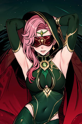  upper body,high quality , masterpiece, flat color, ornate, lineart,Babel, 1girl, solo, long hair, large breasts, bare shoulders, pink hair, dark green blindfold,desert sands,1 woman solo, busty figure, desert background, earrings hair_between_eyes jewelry blindfolded, night time, hood, high quality, best quality, 1girl, masterpiece, legs_open,pantyhose, high heels boots, green GEM, detailed face, dark green dress ,dark green theme, arms_above_head, showing_armpits,sexy, dark green blindfold,overall  dark green theme, green colored blindfold, blindfold in green color