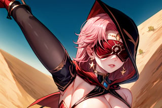 high quality , masterpiece, Babel, 1girl, solo, long hair, large breasts, bare shoulders, pink hair, blindfold,desert sands,1 woman solo, busty figure, desert background, earrings hair_between_eyes jewelry blindfolded, night time, hood, high quality, best quality, 1girl, masterpiece, high heels boots,GEM, detailed face,red theme,  face focus, hood , hoodie, cleavage cutout,cleavage cutout, nsfw