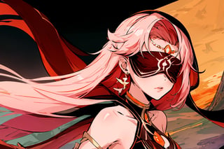 high quality , masterpiece, flat color, orange ornate, lineart, Babel, 1girl, solo, long hair, large breasts, bare shoulders, pink hair, blindfold,desert sands,1 woman solo, busty figure, desert background, earrings hair_between_eyes jewelry blindfolded, night time, hood, high quality, best quality, 1girl, masterpiece, high heels boots,GEM, detailed face,red theme,  face focus, hood , hoodie