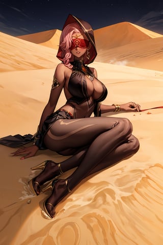 Babel, 1girl, solo, long hair, large breasts, bare shoulders, pink hair,  blindfold,desert sands,1 woman solo, busty figure, desert background, dark-skinned_female, earrings hair_between_eyes jewelry blindfolded, night time, hood, high quality, best quality, 1girl, masterpiece, dark skin, full body, lying, near water , legs_open,pantyhose, high heels boots