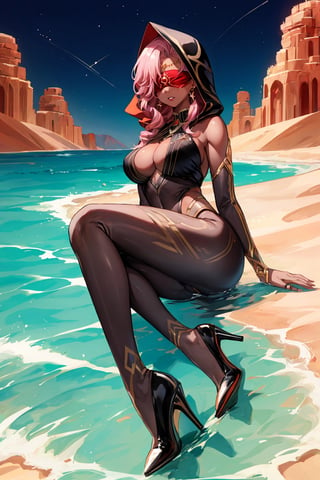 Babel, 1girl, solo, long hair, large breasts, bare shoulders, pink hair,  blindfold,desert sands,1 woman solo, busty figure, desert background, dark-skinned_female, earrings hair_between_eyes jewelry blindfolded, night time, hood, high quality, best quality, 1girl, masterpiece, dark skin, full body, lying, near water , legs_open,pantyhose, high heels boots