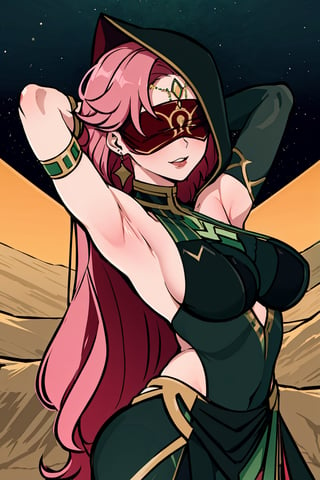  upper body,high quality , masterpiece, flat color, ornate, lineart,Babel, 1girl, solo, long hair, large breasts, bare shoulders, pink hair, dark green blindfold,desert sands,1 woman solo, busty figure, desert background, earrings hair_between_eyes jewelry blindfolded, night time, hood, high quality, best quality, 1girl, masterpiece, legs_open,pantyhose, high heels boots, green GEM, detailed face, dark green dress ,dark green theme, arms_above_head, showing_armpits,sexy, dark green blindfold,overall  dark green theme, green colored blindfold, blindfold in green color, wearing Ladies Bodycon Roma Black Halter Neck High Slit Long Gown Dress Fashion