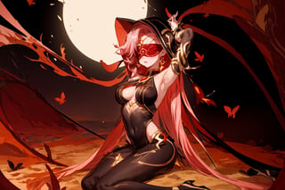 full_body ,high quality , masterpiece, flat color, orange ornate, lineart, Babel, 1girl, solo, long hair, large breasts, bare shoulders, pink hair, blindfold,desert sands,1 woman solo, busty figure, desert background, earrings hair_between_eyes jewelry blindfolded, night time, hood, high quality, best quality, 1girl, masterpiece,  ,pantyhose, high heels boots,GEM, detailed face,red theme, sitting