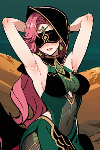  upper body,high quality , masterpiece, flat color, ornate, lineart,Babel, 1girl, solo, long hair, large breasts, bare shoulders, pink hair, dark green blindfold,desert sands,1 woman solo, busty figure, desert background, earrings hair_between_eyes jewelry blindfolded, night time, hood, high quality, best quality, 1girl, masterpiece, legs_open,pantyhose, high heels boots, green GEM, detailed face, dark green dress ,dark green theme, arms_above_head, showing_armpits,sexy, dark green blindfold,overall  dark green theme, green colored blindfold, blindfold in green color, wearing Ladies Bodycon Roma Black Halter Neck High Slit Long Gown Dress Fashion