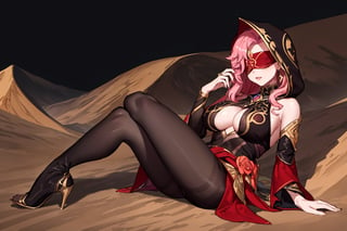 Babel, 1girl, solo, long hair, large breasts, bare shoulders, pink hair, blindfold,desert sands,1 woman solo, busty figure, desert background, earrings hair_between_eyes jewelry blindfolded, night time, hood, high quality, best quality, 1girl, masterpiece,  near water ,face focus , zoom, upclose , up close,close up, face focus,pantyhose, high heels boots,GEM,  masterpiece, best quality, 1girl, flowers, flat color, lineart, abstract, ornate,red theme, face focus,detailed face