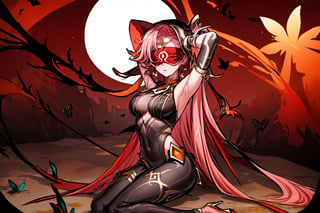 full_body ,high quality , masterpiece, flat color, orange ornate, lineart, Babel, 1girl, solo, long hair, large breasts, bare shoulders, pink hair, blindfold,desert sands,1 woman solo, busty figure, desert background, earrings hair_between_eyes jewelry blindfolded, night time, hood, high quality, best quality, 1girl, masterpiece,  ,pantyhose, high heels boots,GEM, detailed face,red theme, sitting