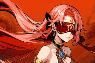 high quality , masterpiece, flat color, orange ornate, lineart, Babel, 1girl, solo, long hair, large breasts, bare shoulders, pink hair, blindfold,desert sands,1 woman solo, busty figure, desert background, earrings hair_between_eyes jewelry blindfolded, night time, hood, high quality, best quality, 1girl, masterpiece,  ,pantyhose, high heels boots,GEM, detailed face,red theme,  face focus