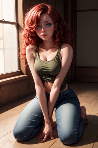 (masterpiece, best quality), 1girl, blue large jeans, olive_green_tank_top, blue eyes, medium breasts, red_blue  hair, long curly  hair, sensual look, background, experiment room, slim, 24 years old, kneeling_on_floor, ,wariza,upshirt,DonMASKTex 