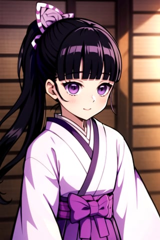 wear the kanao costume,black hair,PURPLE eyes,cute,tiny girl,japanese,kimetsu no yaiba,not tied,Purple Eyes,wear,there is a hint of purple under his hair,kochou shinobu,shinobu kochou,kanaotsuyuri