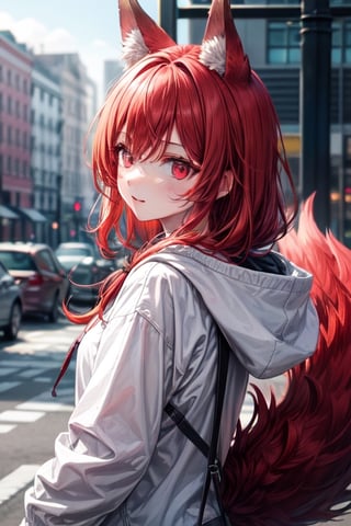 1girl, solo,red eyes,red wings,hoodie,red hair,long_hair ,wolf ears, wolf tail