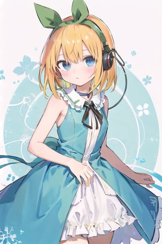 wear the yotsuba nakano costume,yellow hair,blue eyes,beutiful,tall girl,not tied,blue Eyes,there is a hint of  yellow under his hair,nakanodef,no_humans,miku nakano | 
wear a headset around your neck ,mikudef,yotsuba nakano,yotsuba nakano