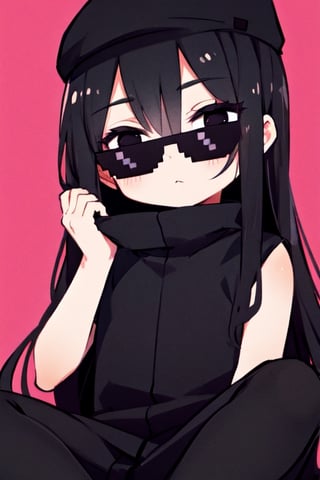 Black eyes Black hair wearing a long black enderman Beautiful girl with long hair black shiny eyes She is radiant in the morning in the direction of the image sitting, cute eyes, big eyes,Enderman-chan,incrsdealwithit,wear sunglasses