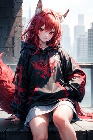 1girl, solo,red eyes,red wings,hoodie,red hair,long_hair ,wolf ears, wolf tail,