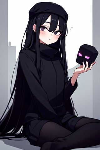 Black eyes Black hair wearing a long black enderman Beautiful girl with long hair black shiny eyes She is radiant in the morning in the direction of the image sitting, cute eyes, big eyes,Enderman-chan