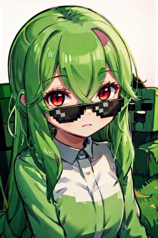 red eyes green hair wearing a long black enderman Beautiful girl with long hair black shiny eyes She is radiant in the morning in the direction of the image sitting, cute eyes, big eyes,incrsdealwithit,wear sunglasses,cupa_minecraft,mccreeper