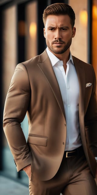 extremely handsome man with brown suits, serious face, 4K, on_one_foot,man